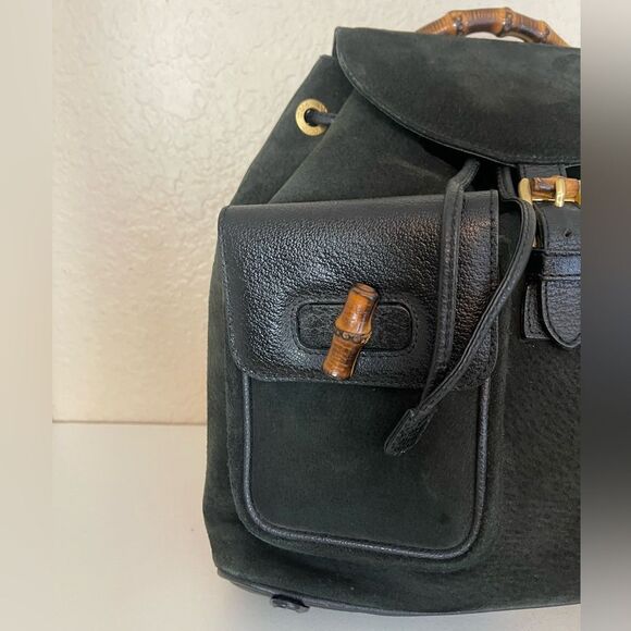 Gucci Black Suede Backpack with Bamboo Details - Picture 5 of 15